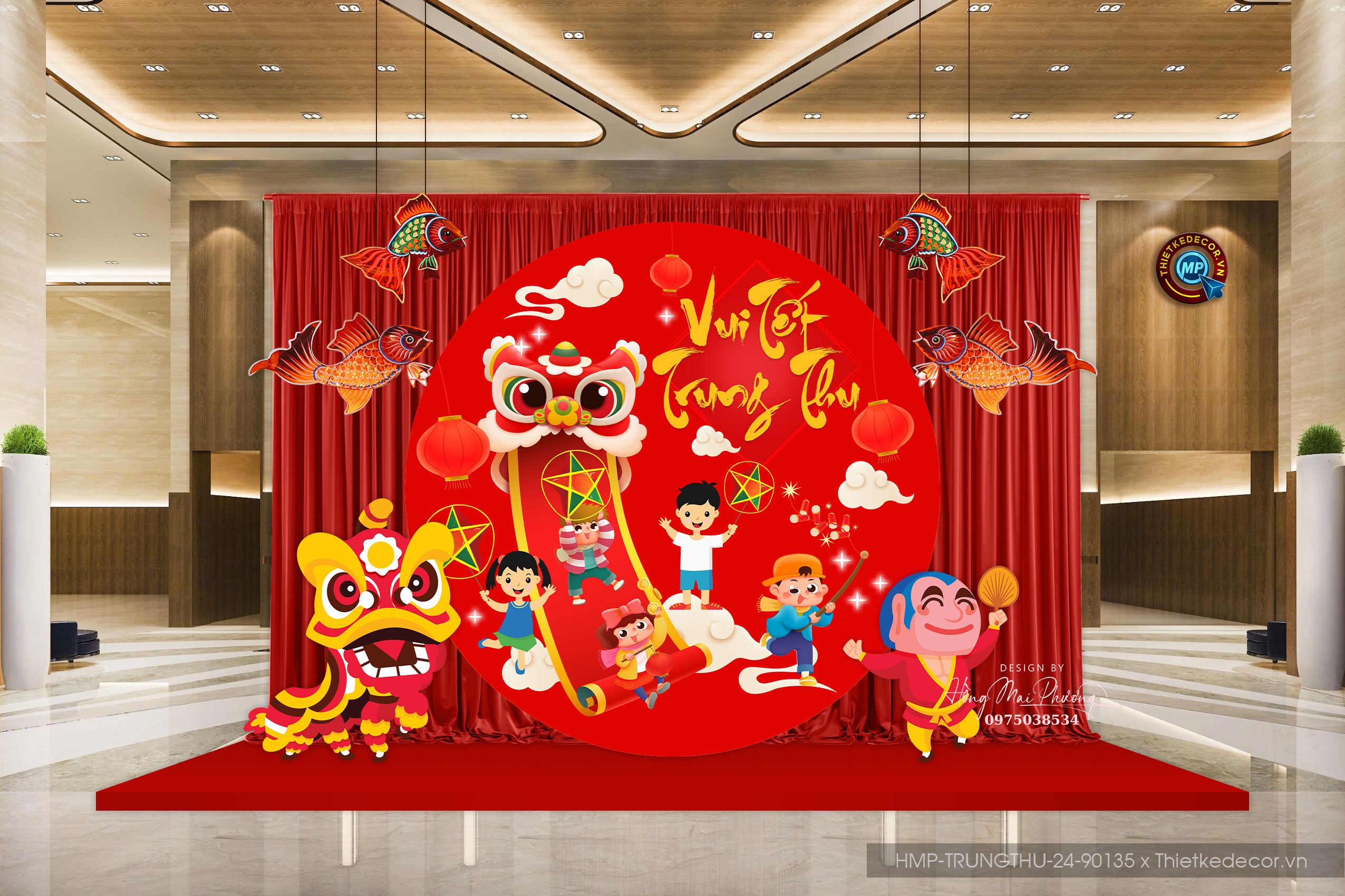 Backdrop trung thu 250x250 tone đỏ. Trẻ em nô nức múa lân vui tết trung thu